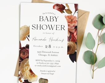 Boho Autumn Baby Shower Invitation - Modern Fall Baby Shower Invite with Fall Leaves