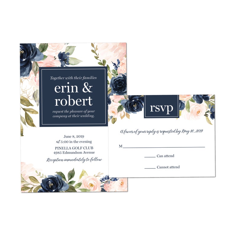 Blush pink and navy blue wedding Invitations blush and navy wedding stationery printable files or printed image 1