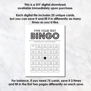 K&ouml;nnte beinhalten: Eine druckbare Bingokarte mit einem schwarz-wei&szlig;en Design. Die Karte hat einen Titel, der "Type Your Text Bingo" lautet. Die Karte hat 25 Felder mit den Worten "Click & Type Your Text" in jedem Feld. Das mittlere Feld hat einen Stern.