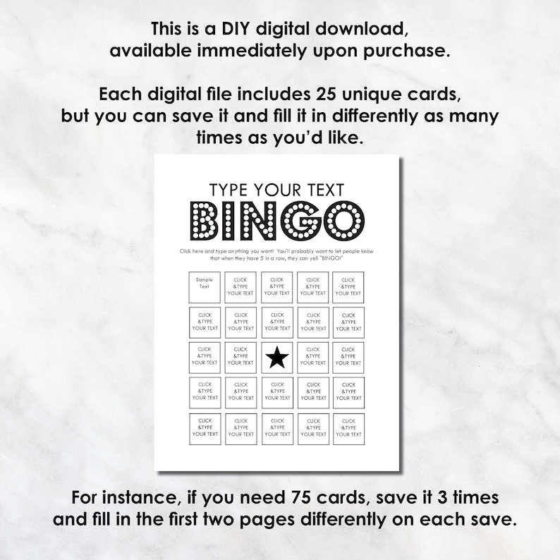 K&ouml;nnte beinhalten: Eine druckbare Bingokarte mit einem schwarz-wei&szlig;en Design. Die Karte hat einen Titel, der "Type Your Text Bingo" lautet. Die Karte hat 25 Felder mit den Worten "Click & Type Your Text" in jedem Feld. Das mittlere Feld hat einen Stern.