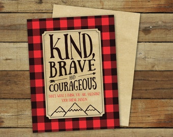Lumberjack Valentine's Day cards, Kind brave and courageous boy valentine with buffalo plaid, printable, editable pdf, instant download