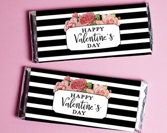 Candy bar wrappers in Black stripes and pink roses, printable chocolate bar wrappers for Valentine's Day, instant download