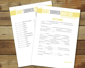 Customizable Baby Shower Mad Libs Game, Editable Baby Shower Activity in gray and yellow, Instant Download Baby Shower Game