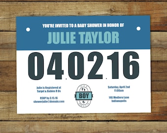 Runner's bib baby shower invitation - marathon baby shower invitation - baby boy printable or printed