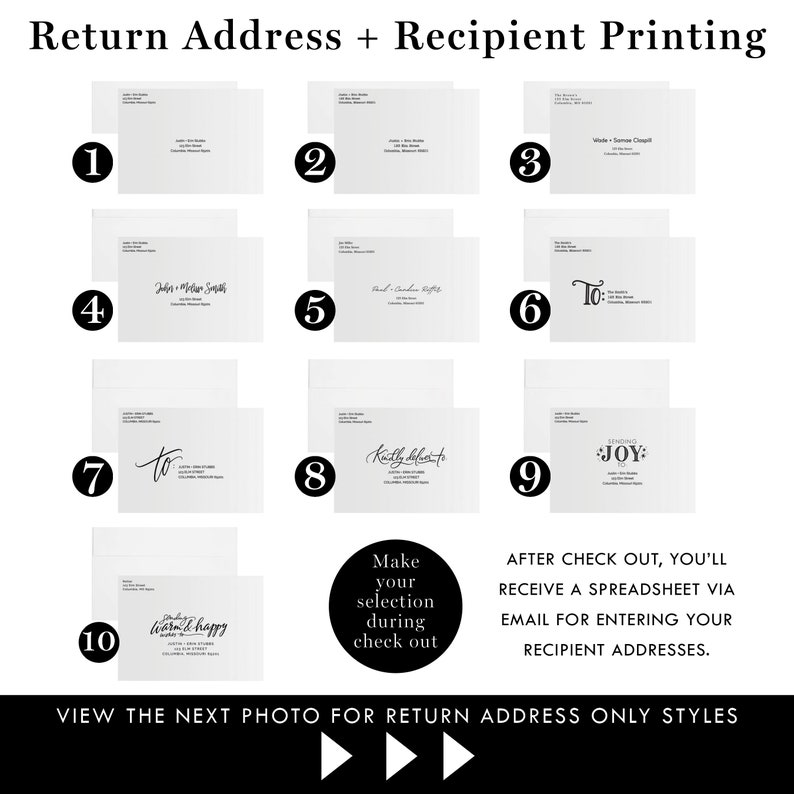 Address printing on envelopes Custom mailing addresses and/or return address on press printed cards return address printing image 2