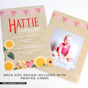 May include: A brown and white birthday invitation with a red and pink banner at the top. The invitation reads "Hattie is turning one!" and includes details about the party, including the date, time, and location. The back of the invitation features a photo of a baby girl.
