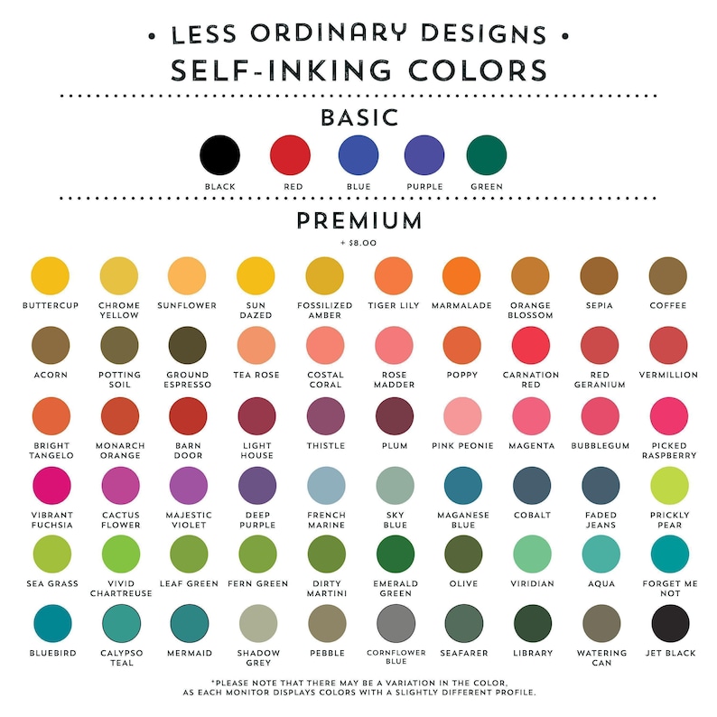 The image is a color chart that displays various basic and premium self-inking colors. It includes a variety of colors such as black, red, blue, purple, green, and more, along with their corresponding names. The chart is organized in a grid format with rows and columns, and it provides a visual representation of the different colors and their names. The chart is designed to help users easily identify and choose the desired colors for their projects.