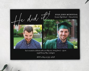 He Did It Graduation Announcement Card, Party Invitation, 2026 Graduation Modern Photo Grad Party Invite, College grad announcement for male