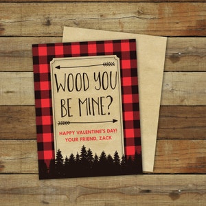 Lumberjack valentine cards printable featuring buffalo plaid, wood you be mine valentines are editable pdf files and instant downloads image 1