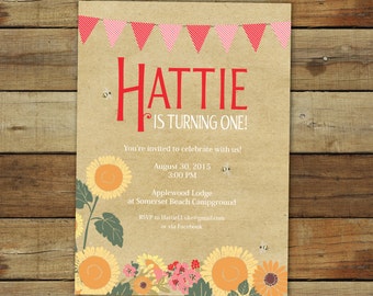 Sunflower birthday party invitation, Gingham picnic birthday party invitation with sunflowers