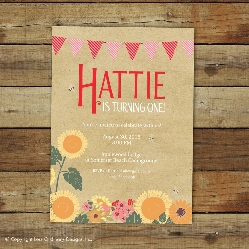 May include: A brown paper invitation with a red banner and sunflowers. The text reads "Hattie is turning one!" You're invited to celebrate with us! August 30, 2015 3:00 PM Applewood Lodge at Somerset Beach Campground RSVP to HattieLLuke@gmail.com or via Facebook.
