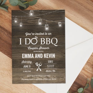 I Do BBQ Bridal Shower Invitation - Couples I Do BBQ Invite with mason jars - BBQ invitation with Barnwood Rustic Lights Shower Invite