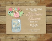 Kraft Mason Jar Shower Invitation - Bridal / Wedding Shower Invitation - Mason jar and flowers Shower Invite