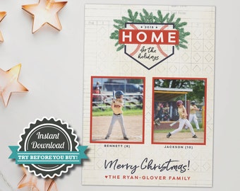 Baseball Christmas card, holiday photo card, baseball photo card, holiday card for baseball fans, DIY instant download corjl