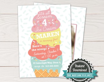 Ice Cream 4th Birthday Party Invitation: Editable Template (Digital Download)
