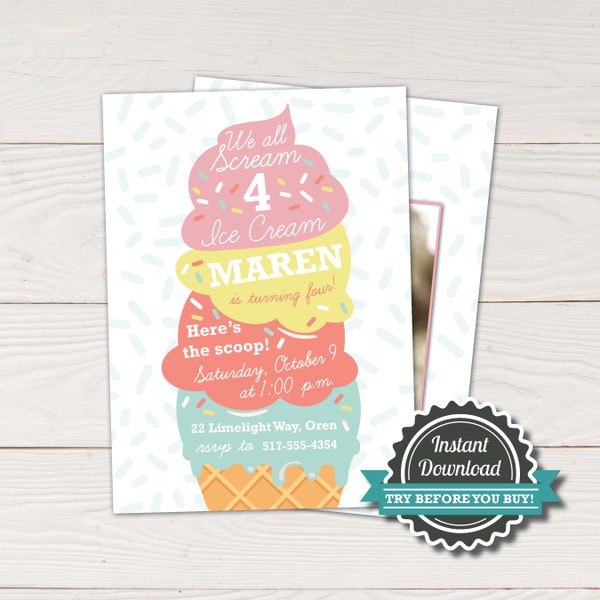 4th birthday party invitation, Ice cream cone fourth birthday party invite, DIY Instant download, edit with Corjl