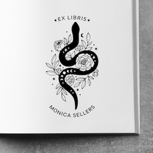 Snake & Floral Bookplate Stamp - Ex Libris Personalized Rubber Stamp for Book Lovers, Serpent Wound Through Flowers Design