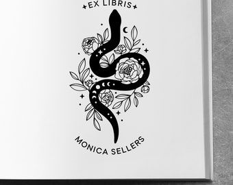 Snake & Floral Bookplate Stamp - Ex Libris Personalized Rubber Stamp for Book Lovers, Serpent Wound Through Flowers Design