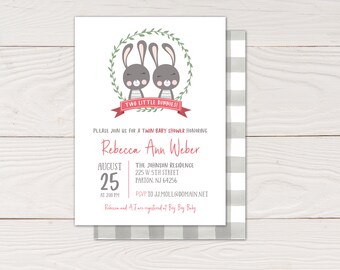 Twin Girls Baby Shower Invitation - Celebrate with Two Little Bunnies! Adorable Twin Bunnies Baby Shower Invite for Your Special Day