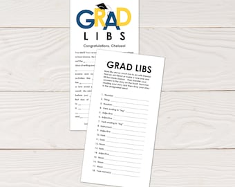 Grad Libs - Graduation mad lib advice cards in blue and gold, graduation party activity, printable instant download, editable pdf