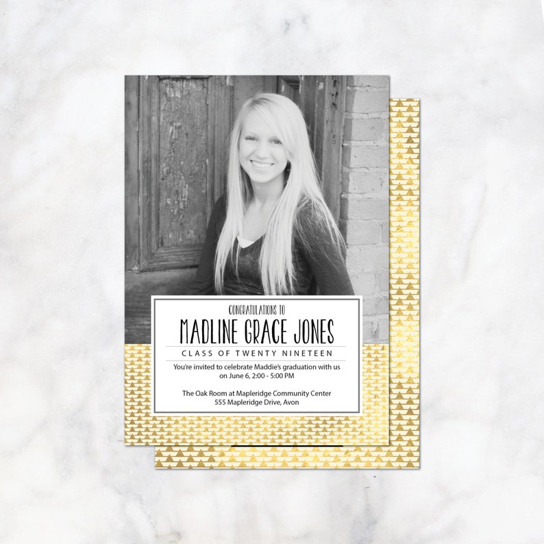 printable or printed Gold graduation announcement and graduation party invitation class of 2019 graduation photo card