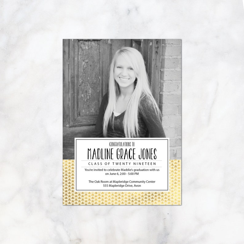 printable or printed Gold graduation announcement and graduation party invitation class of 2019 graduation photo card