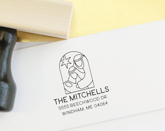 Moderne kerststal kerststempel - aangepaste religieuze adresstempel voor kerstkaarten - christelijke houten blok of zelfinktend