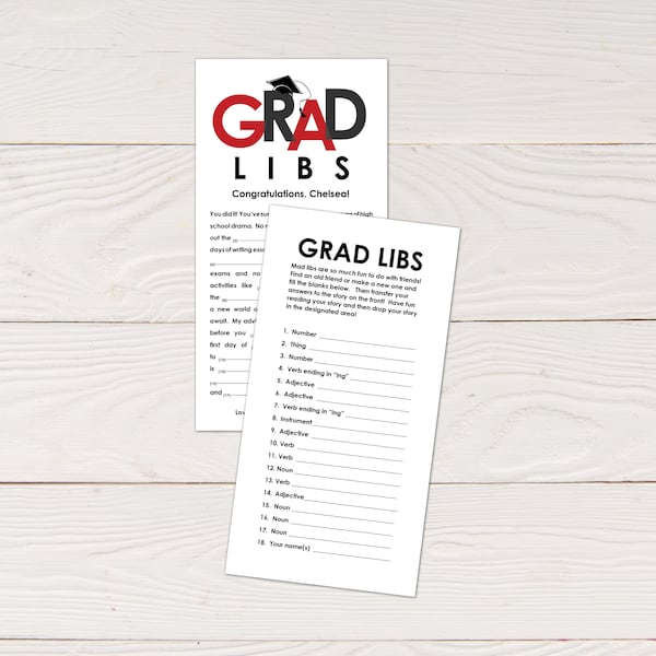 Grad Libs - Red and black High School Graduation mad lib advice cards, open house graduation party activity, printable instant download