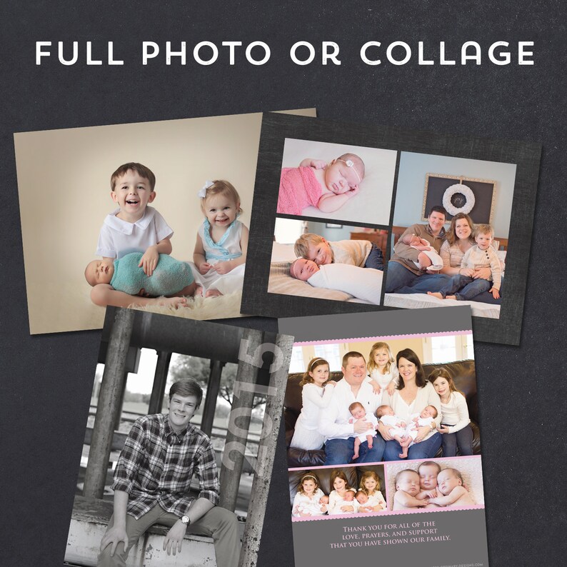 May include: A collage of family photos, including a newborn wrapped in a blue blanket, a family portrait, and a black and white photo of a young man. The text "FULL PHOTO OR COLLAGE" is at the top.