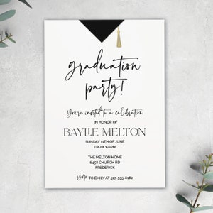 Graduation party invitation with graduation cap and tassel, simple graduation open house invite, printable or printed