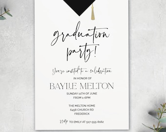 May include: A white graduation party invitation with black and gold accents. The invitation features a black graduation cap with a gold tassel and the text "graduation party!" in black cursive. The invitation also includes the graduate's name, the date and time of the party, the location, and RSVP information.