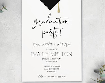 Graduation party invitation with graduation cap and tassel, simple graduation open house invite, printable or printed