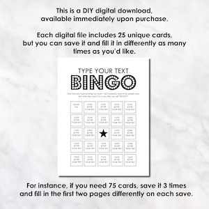 Bingo Cards Custom Bingo Cards type your own text cards fill automatically 25 unique bingo cards instant download pdf bingo game image 3