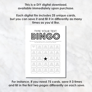 May include: A printable bingo card with a black and white design. The card has a title that says "Type Your Text Bingo". The card has 25 squares with the words "Click & Type Your Text" in each square. The center square has a star.