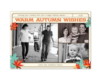 Autumn Wishes Photo card with fall leaves - fall leaves photo card for fall family pictures - printable fall greeting card