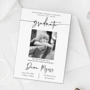 White Graduation Announcement Card and Party Invitation, 2023 Graduation Modern Photo Grad Party Invite, College graduation announcement