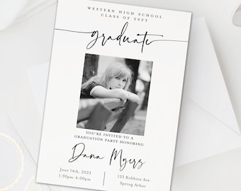 White Graduation Announcement Card and Party Invitation, 2026 Graduation Modern Photo Grad Party Invite, College graduation announcement