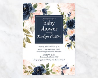 Modern Floral Baby Shower Invitation - pink and blue roses Baby Shower Invite - printable or printed invitations