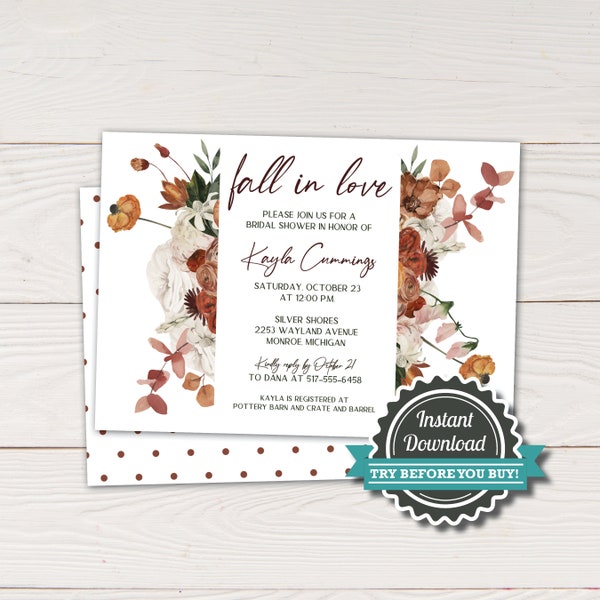 Fall in Love Bridal Shower Invitation template - fall Wedding Shower Invite, Fall in love Corjl Instant download