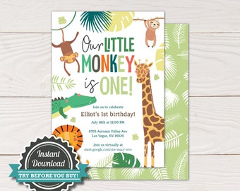 Safari birthday party invitation, Our little monkey first birthday party invite, Jungle themed invitation, DIY Instant download, edit Corjl