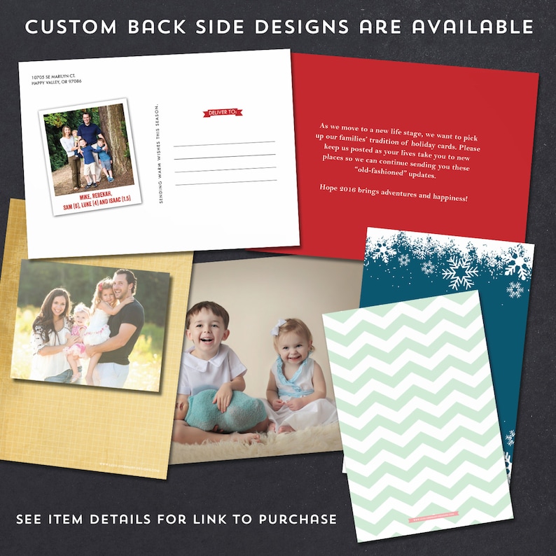 May include: A collection of custom holiday card designs. The cards feature family photos, festive patterns, and text that reads "CUSTOM BACK SIDE DESIGNS ARE AVAILABLE" and "SEE ITEM DETAILS FOR LINK TO PURCHASE". Various designs are shown.