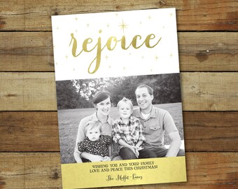 Rejoice in gold Christmas photo card, Gold foil Rejoice Christmas card, foil look holiday card, stars on custom Christmas card