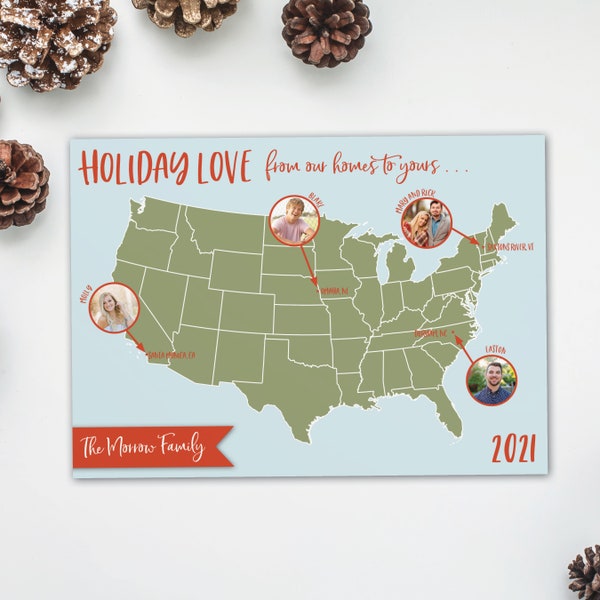 Family map Christmas card, Holiday card showing family locations, Christmas card for empty nesters, US Map Christmas photo card