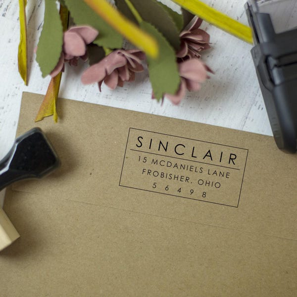Moderne adresstempel - zelfinktende retouradresstempel - rubberstempel - aangepaste en gepersonaliseerde stempel, housewarmingcadeau - Sinclair