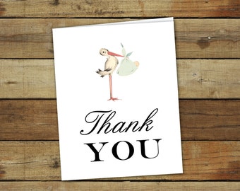 stork baby shower thank you notes in blue, printable baby shower thank you notes, instant download