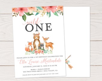 Wild one birthday party, wild one invitation, wild one first birthday, woodland forest birthday party invitation, 1st birthday party invite