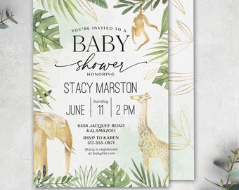 Modern Safari Baby Shower Invite - Gold Foil Safari Animals for a Gender Neutral Baby Shower with a Jungle Theme, Tropical Leaves