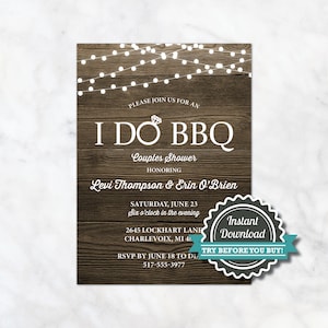 May include: A rustic woodgrain background with white string lights and the text "I DO BBQ Couples Shower" in white. The invitation is for a couples shower honoring Levi Thompson & Erin O'Brien on Saturday, June 23 at six o'clock in the evening. The address is 2645 Lockhart Lane, Charlevoix, MI 48. RSVP by June 18 to 517-555-3977. A gray and teal circular sticker with the text "Instant Download TRY BEFORE YOU BUY!" is in the bottom right corner.