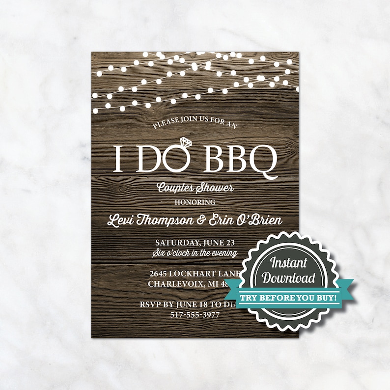 May include: A rustic woodgrain background with white string lights and the text "I DO BBQ Couples Shower" in white. The invitation is for a couples shower honoring Levi Thompson & Erin O'Brien on Saturday, June 23 at six o'clock in the evening. The address is 2645 Lockhart Lane, Charlevoix, MI 48. RSVP by June 18 to 517-555-3977. A gray and teal circular sticker with the text "Instant Download TRY BEFORE YOU BUY!" is in the bottom right corner.