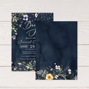 May include: A navy blue invitation with a floral design and the text "Bri" and "Join us to celebrate Javannah T. August 29 at 2 o'clock in the afternoon Hurst Planetarium at Ella S. 3225 Fourth Street - Jacks 14 by August 20 to Anna Savannah is registered at Potter"
